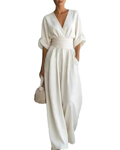 Linen Blend Wide Leg Jumpsuit for Women, V Neck High Waist One Piece Outfit for Casual Summer Wea... | Amazon (US)