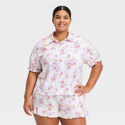 Women's Mommy & Me Ruffle Short Sleeve Notch Collar Shirt and Shorts Pajama Set - Auden™ White 3X | Target