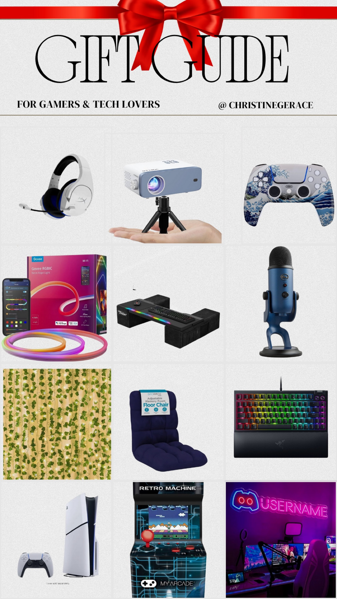 Gift guide for the gamers & tech lovers !! Some fun game room ideas- faux vines & neon name sign for the walls, ps5, projector, keyboard lights, game controllers, led light strips, microphone, headphones, gaming chair

#LTKSaleAlert #LTKGiftGuide #LTKHoliday