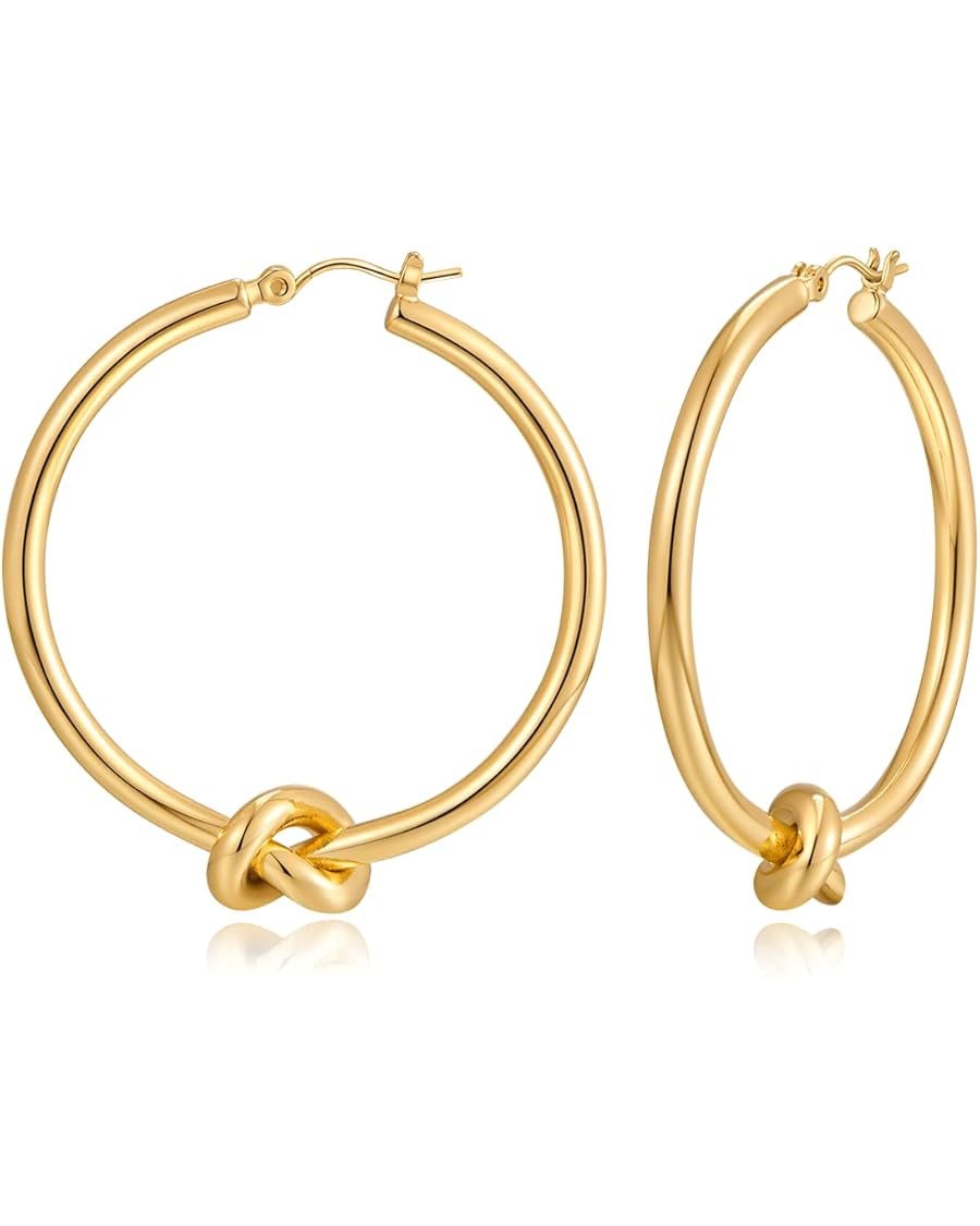 Gold Hoop Earrings for Women Girls 18K Gold Plated Knot Hoop Earrings Statement Lightweight Thick... | Amazon (US)