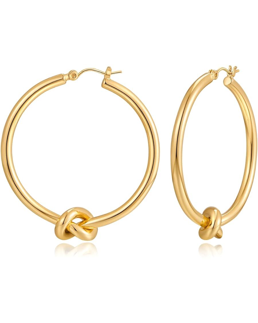 Gold Hoop Earrings for Women Girls 18K Gold Plated Knot Hoop Earrings Statement Lightweight Thick... | Amazon (US)