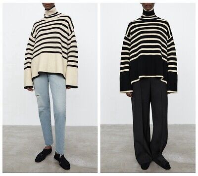 Toteme High Collar Wool Blend Striped Sweater Black/Light Sand | eBay US