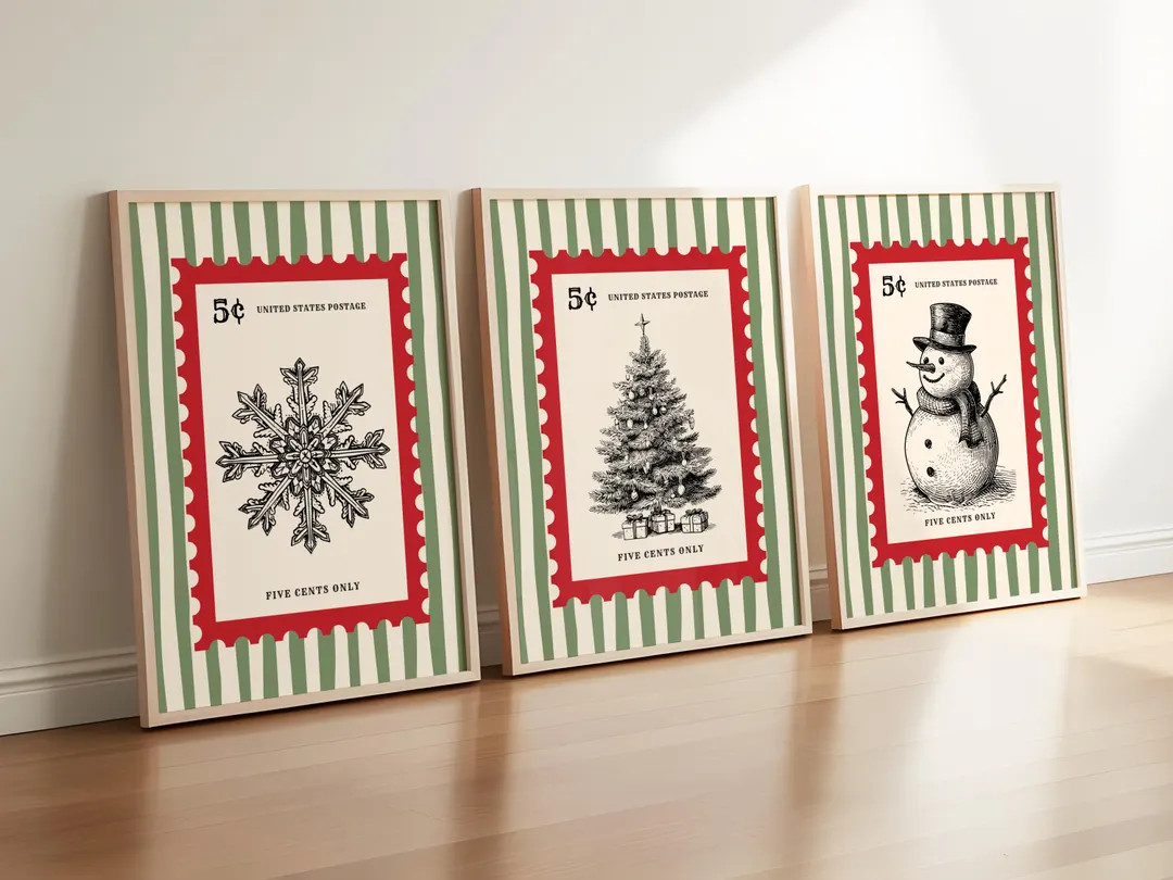 Christmas Stamp Set of 3 Prints Whimsical Christmas Cute Winter Wall Art Trendy Xmas Aesthetic Re... | Etsy (US)
