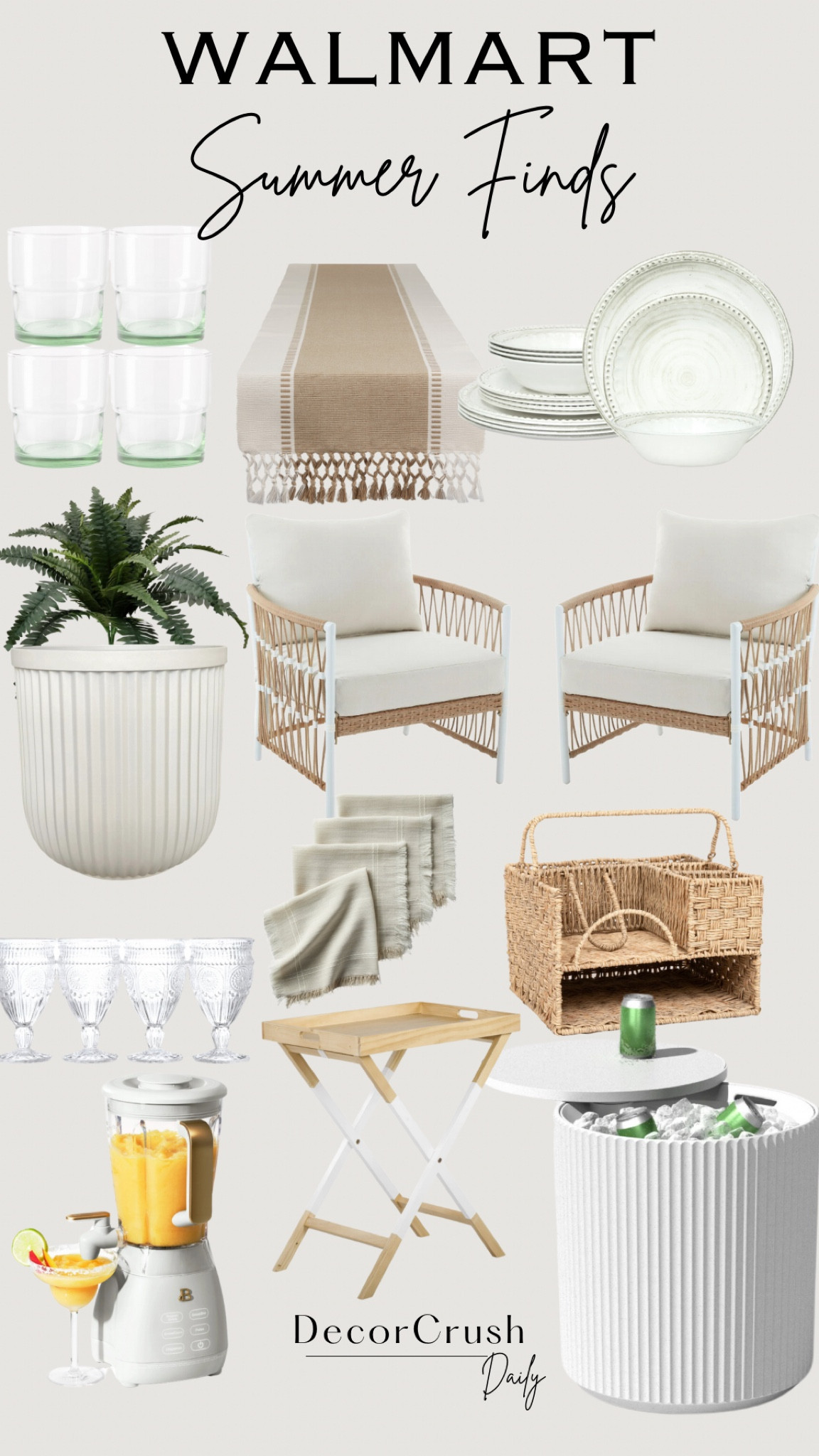 Discover the best Walmart summer finds to refresh your home! From elegant glassware to cozy outdoor furniture, and essential entertaining pieces, these items will elevate your summer gatherings. Shop these stylish and affordable picks today!

•	Set of 4 Glass Tumblers
	•	Striped Table Runner
	•	White Dinnerware Set
	•	Large Fern Plant in Ribbed Planter
	•	Set of 2 Woven Outdoor Chairs with Cushions
	•	Linen Throw Blankets
	•	Set of 4 Crystal Goblets
	•	Woven Storage Basket with Handle
	•	Margarita Blender
	•	Folding Wooden Tray Table
	•	Outdoor Cooler Table

#WalmartFinds #SummerDecor #HomeEssentials #OutdoorLiving #EntertainingEssentials #HomeDecor #AffordableStyle #SummerVibes #DecorCrushDaily

#LTKStyleTip #LTKHome #LTKxWalmart