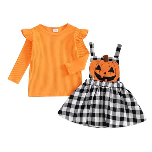 HYADRBLEBY Toddler Girl Halloween Outfit Solid Shirt Pumpkin Suspender Skirt 6M 1T 2T 3T 4T 5T Kids Girls Overall Dress Set (Black, 6-12 Months) | Amazon (US)