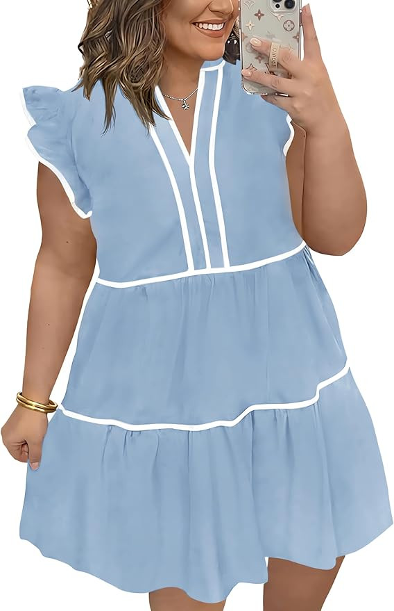 Beautife Womens Plus Size Dresses Summer Ruffle Short Sleeve V Neck Dress Casual A Line Babydoll ... | Amazon (US)