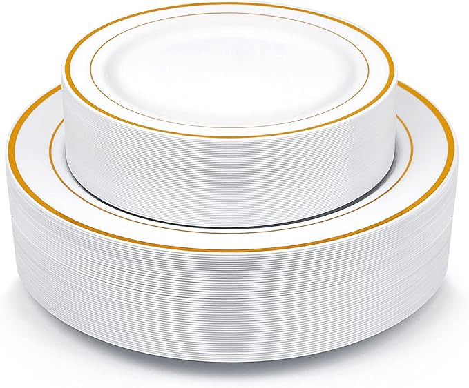 Gold Plastic Plates, MCIRCO 100 Pieces Disposable Party Plates for Weddings, Premium Gold Rim Pla... | Amazon (US)