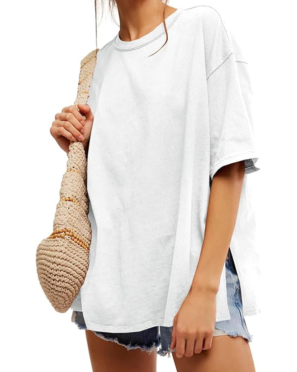 Tankaneo Womens Oversized Tshirts Summer Casual Short Sleeve Crew Neck T Shirt Loose Fit Side Sli... | Amazon (US)