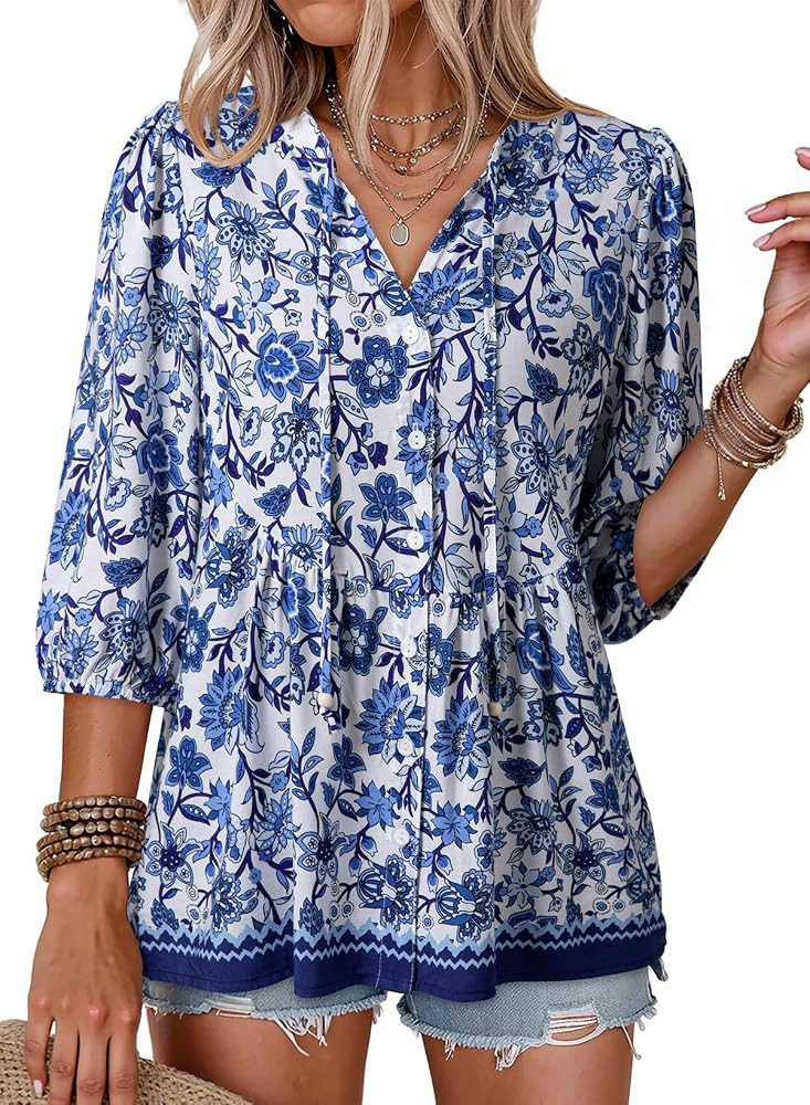 Dokotoo Womens Summer Tops Boho Floral Short Sleeve Button Down V Neck Peplum Babydoll Casual Loo... | Amazon (US)