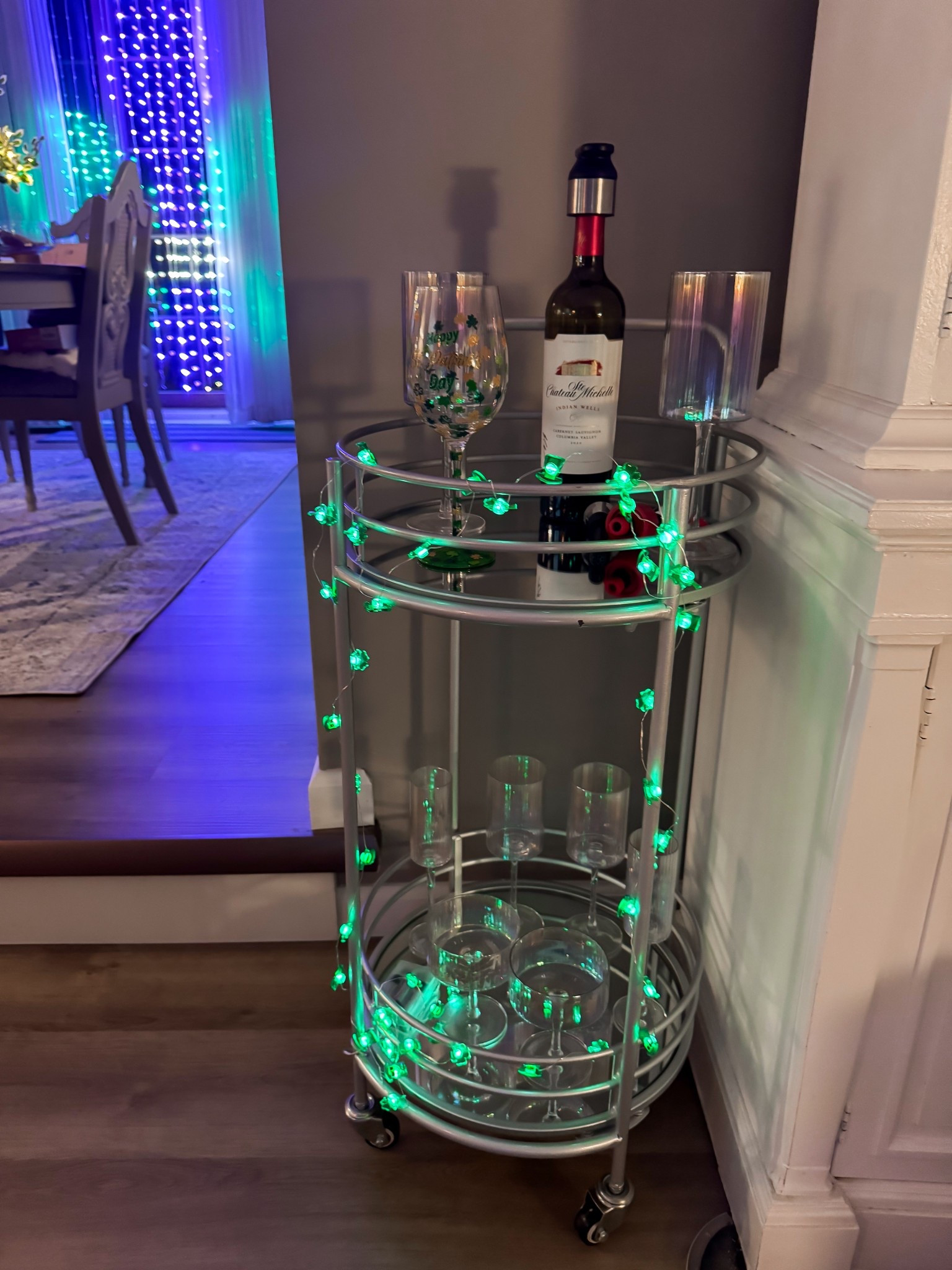 Small St Patrick’s Day details on my bar cart! Love the green shamrock string lights and St Patrick’s Day wine glasses! • st Patrick’s day • st Patrick’s day entertaining • st Patrick’s day hosting • st Patrick’s day home 

#LTKSeasonal #LTKHome #LTKFindsUnder50