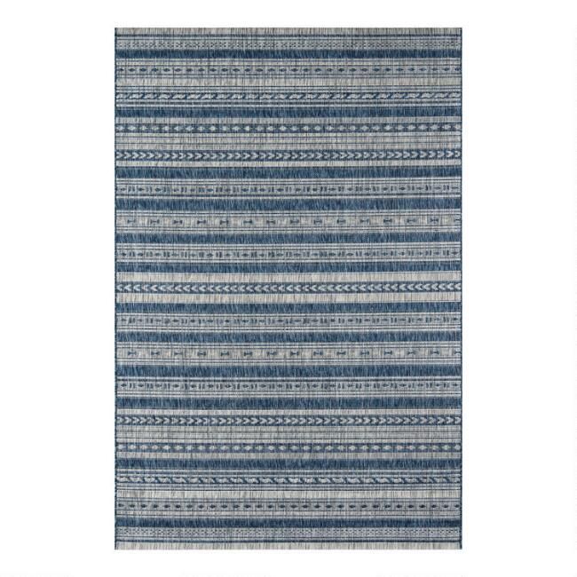 Blue and Ivory Geometric Stripe Lucca Indoor Outdoor Rug | World Market