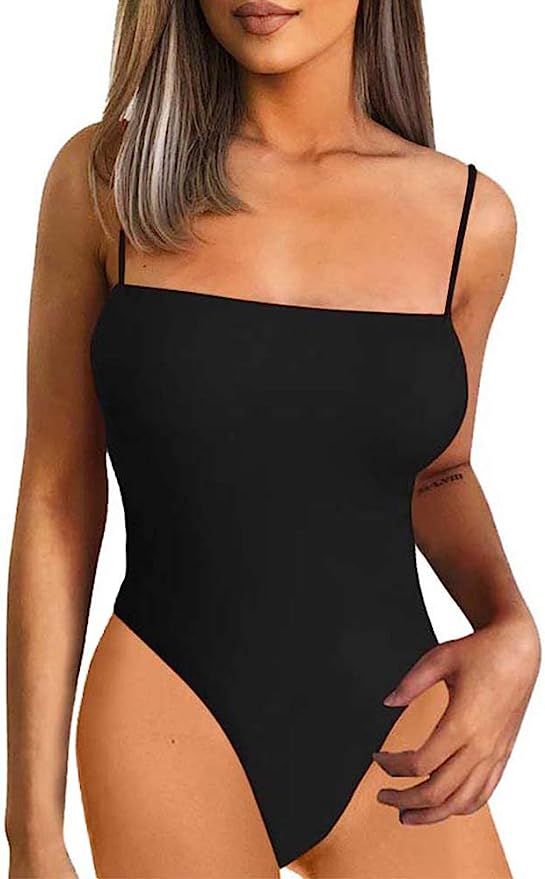 BEAGIMEG Women's Spaghetti Strap Bodysuits Tops Back Adjustable Solid Basic Leotard | Amazon (US)