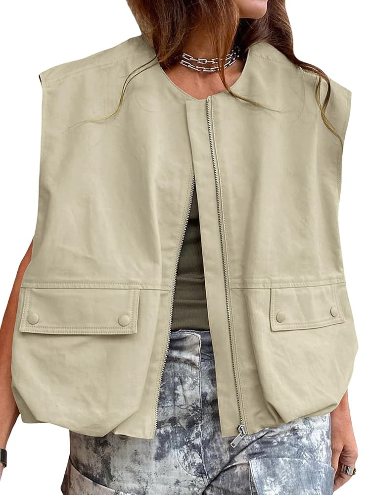 Acrawnni Women's Oversized Cargo Vest Casual Sleeveless Loose Fit Full Zip Up Ruched Hem Blazer J... | Amazon (UK)