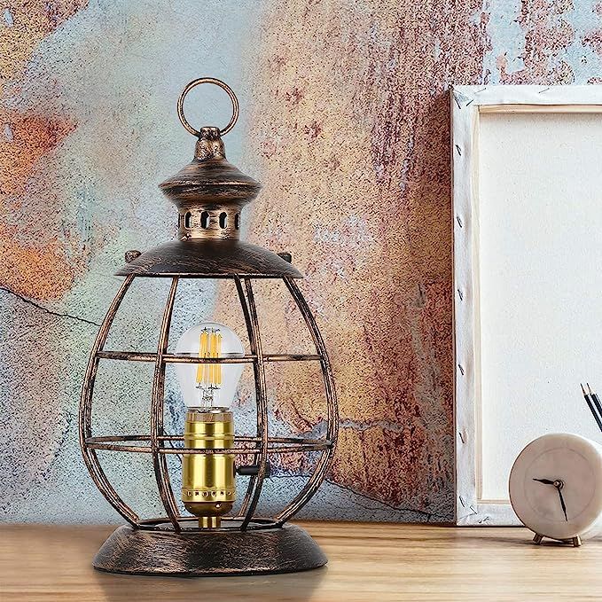 Antique Industrial Electric Lantern Table Lamp for Bedroom Bedside, Metal Cage Shade Reading Desk La | Amazon (US)