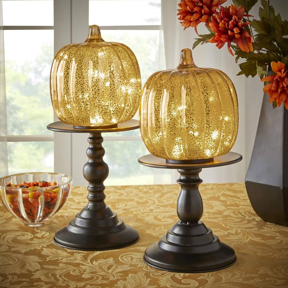 BrylaneHome 11" H X 6" Diam. Pre-Lit Glass Pumpkin On Stand Fall Decor Light Up Decoration, Gold ... | Amazon (US)