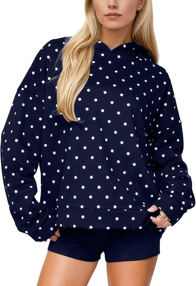 Women Polka Dot Hoodie Oversized Fleece Hooded Sweatshirt Long Sleeve Drop Shoulder Graphic Print... | Amazon (US)