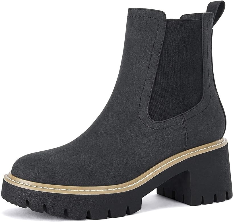 Coutgo Women's Chelsea Ankle Boots Slip-on Mid Heel Booties for Women Faux Leather Elastic Work S... | Amazon (US)