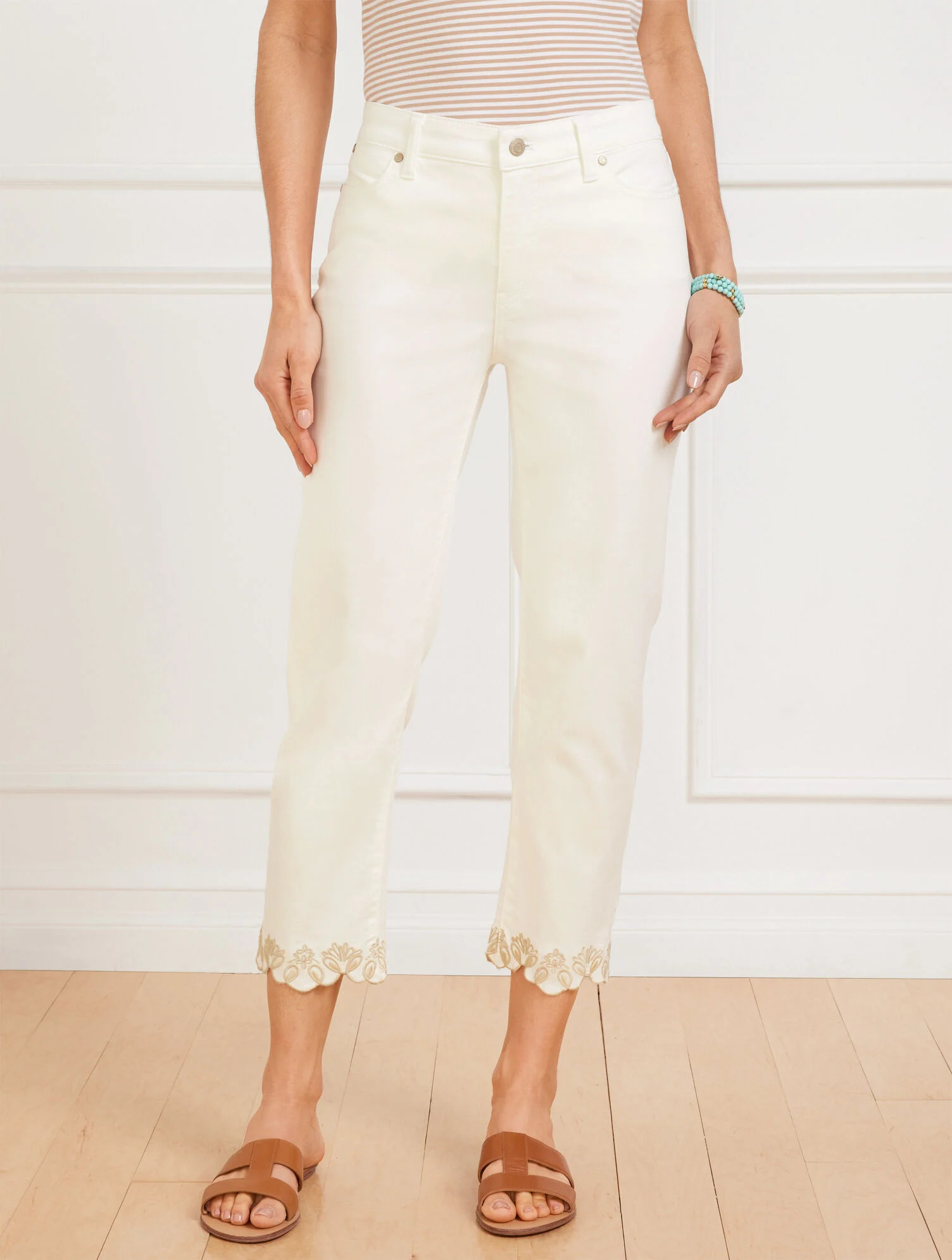 Straight Crop Scallop Hem Jeans - Ivory | Talbots