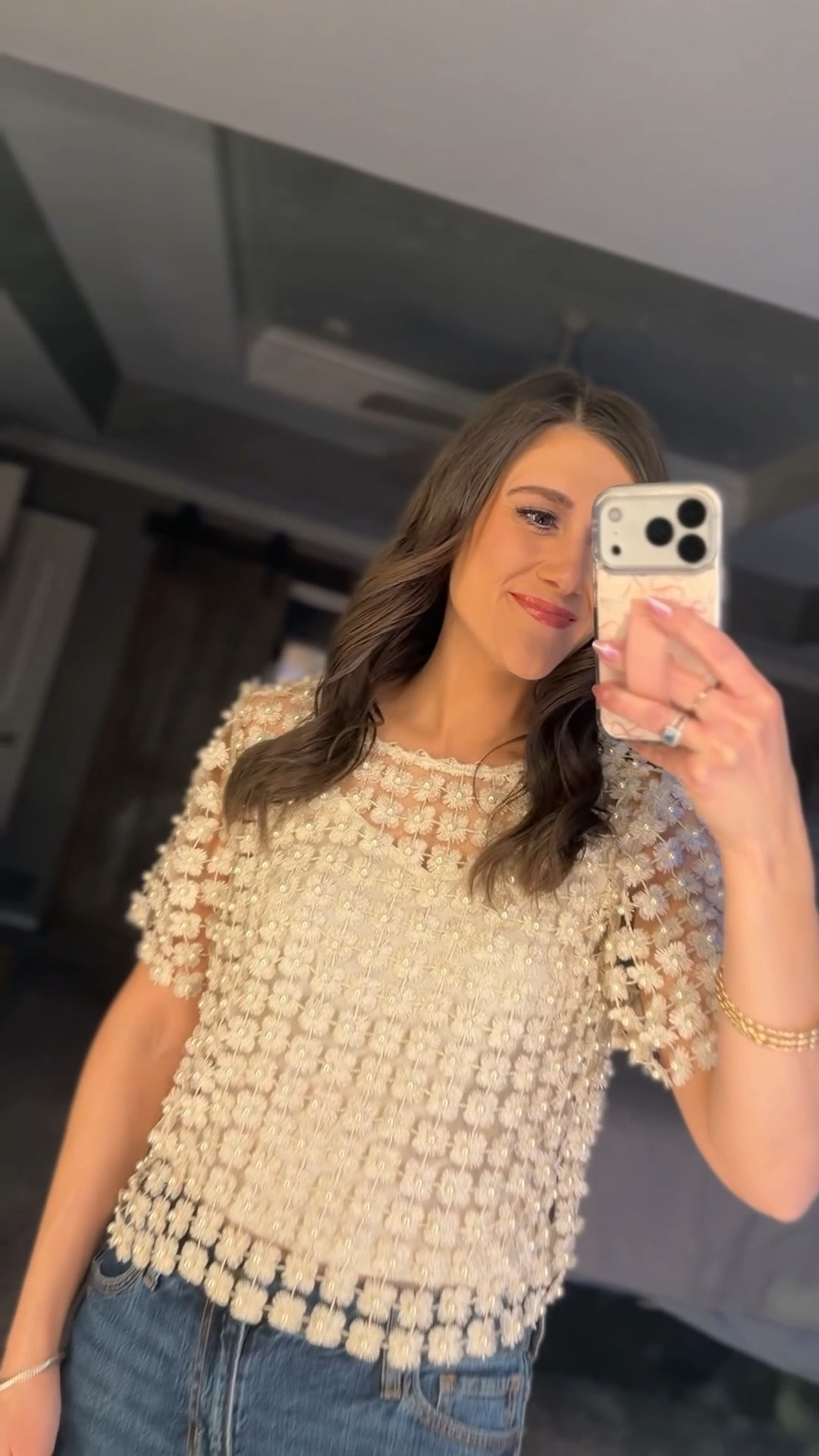 Absolutely obsessed with this pearl top!! Wore this outfit to a dinner with my gals!! Don’t mind the handprints on my mirror from my kids 🤣 

#LTKselfcare #LTKootd #LTKmomlife