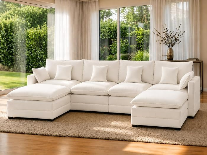 146" U Shaped Modular Sectional Sofa, Oversized 6-Seat Chenille Deep Seat Sofa Couch with 2 Movab... | Amazon (US)