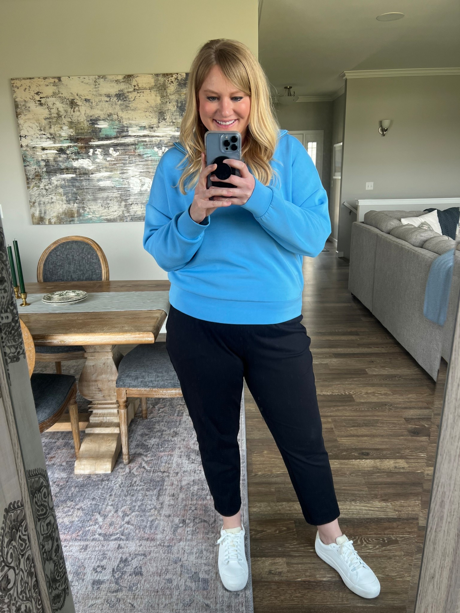 Casual outfit for running errands or work from home. 
Blue top: L
Shoes: true to size
White tee: L 

#LTKOver40 #LTKMidsize #LTKActive