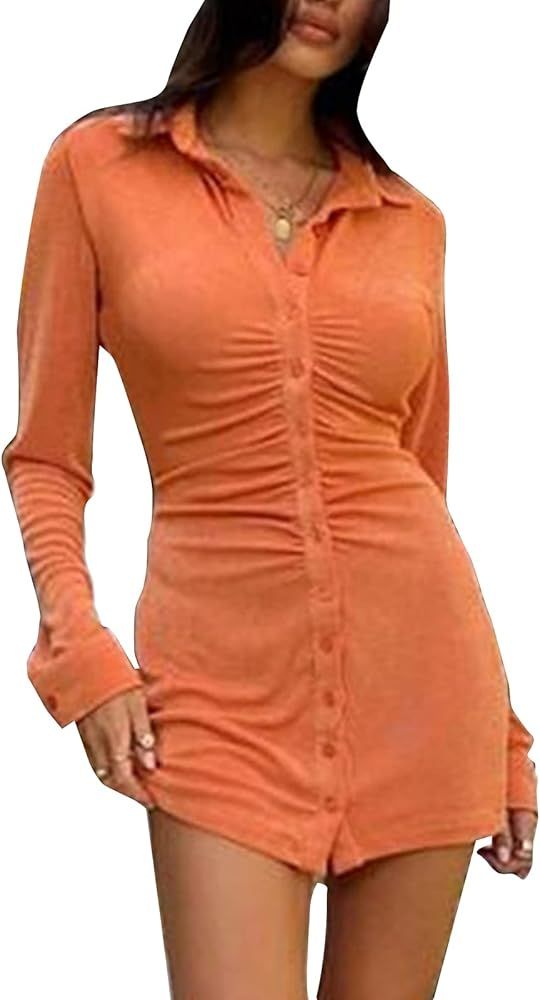 Women 90s Vintage Button Shirt Dress Y2K Print Long Sleeve Lapel Casual Mini Dress Streetwear | Amazon (US)