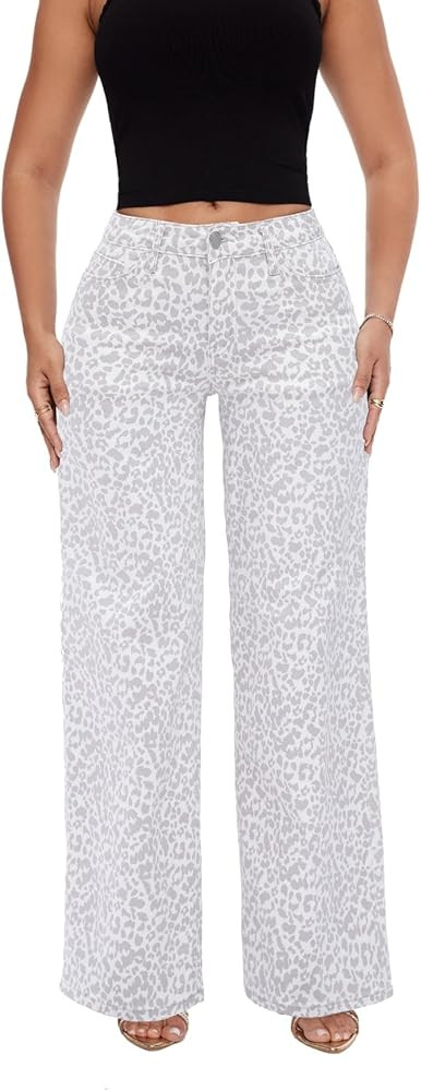 ONESO Mid-Low Rise Baggy Jeans Wide Leg for Women Distressed Pants Stretchy Bottom Lady Basic Com... | Amazon (US)