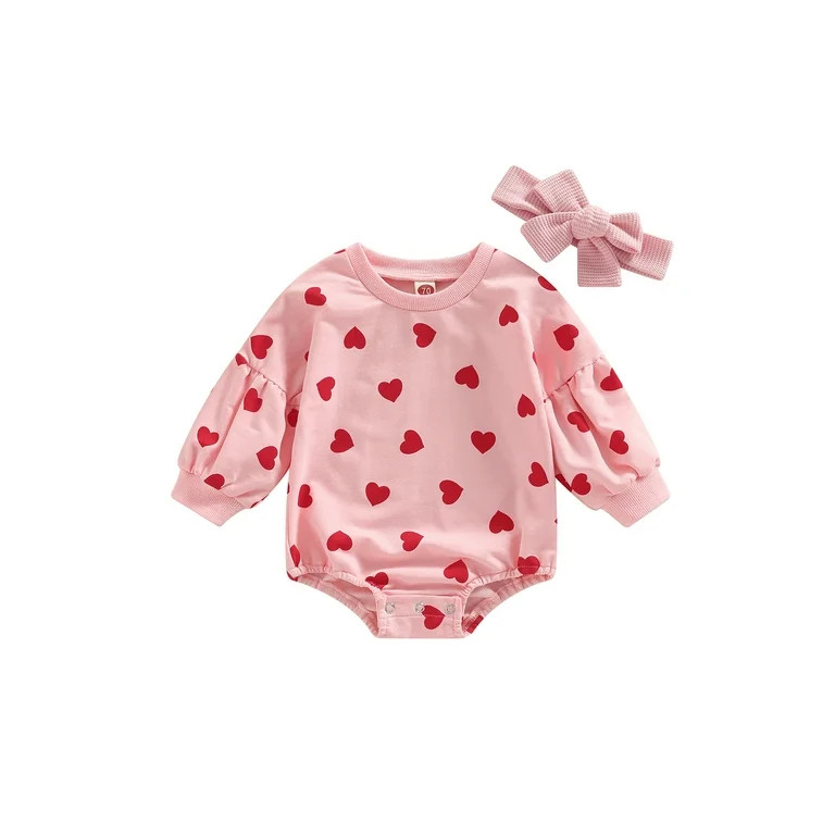 Baby Girls Romper Letter/Heart Print Round Neck Long Sleeve Jumpsuits Autumn Winter Casual Bodysu... | Walmart (US)