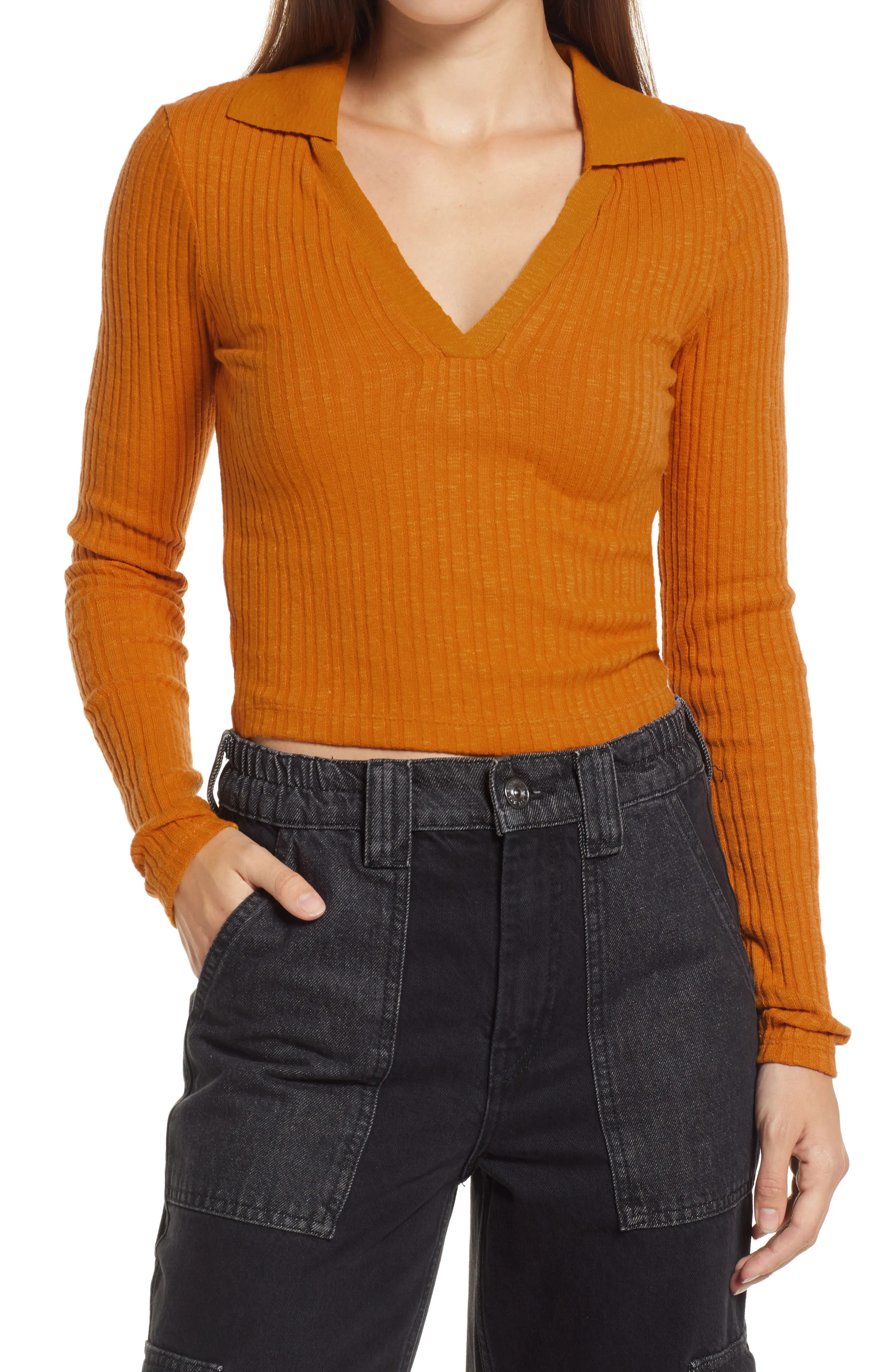 BDG Urban Outfitters Rosie Crop Long Sleeve Polo, Size X-Small in Mustard at Nordstrom | Nordstrom