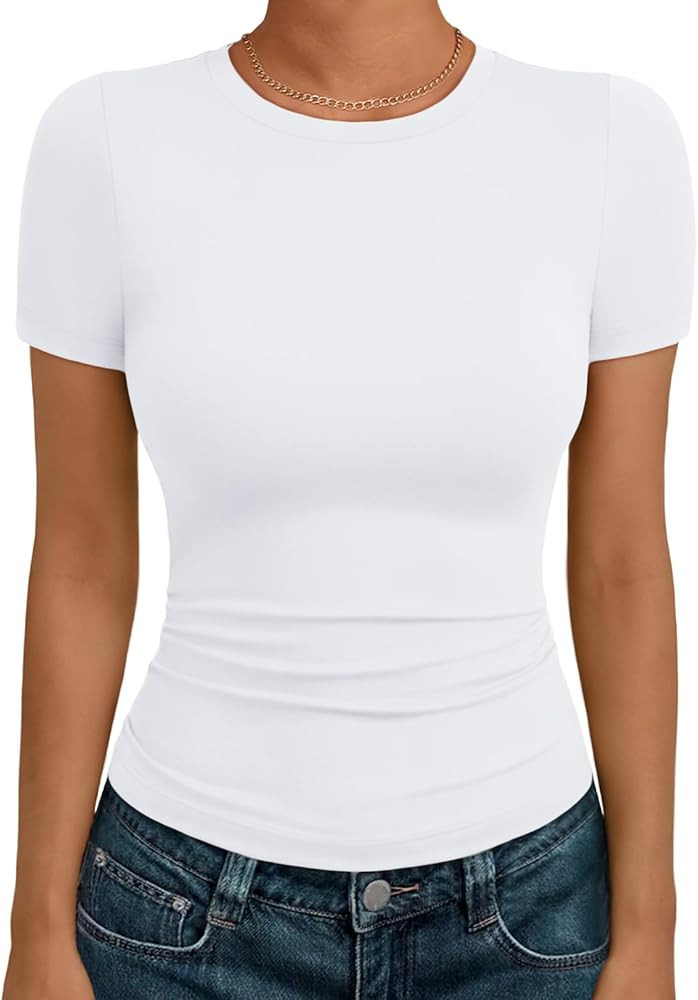 AUTOMET Women's Crew Neck Short Sleeve Summer Basic T-Shirt Stretchy Tight Fitted Soft Going Out ... | Amazon (US)