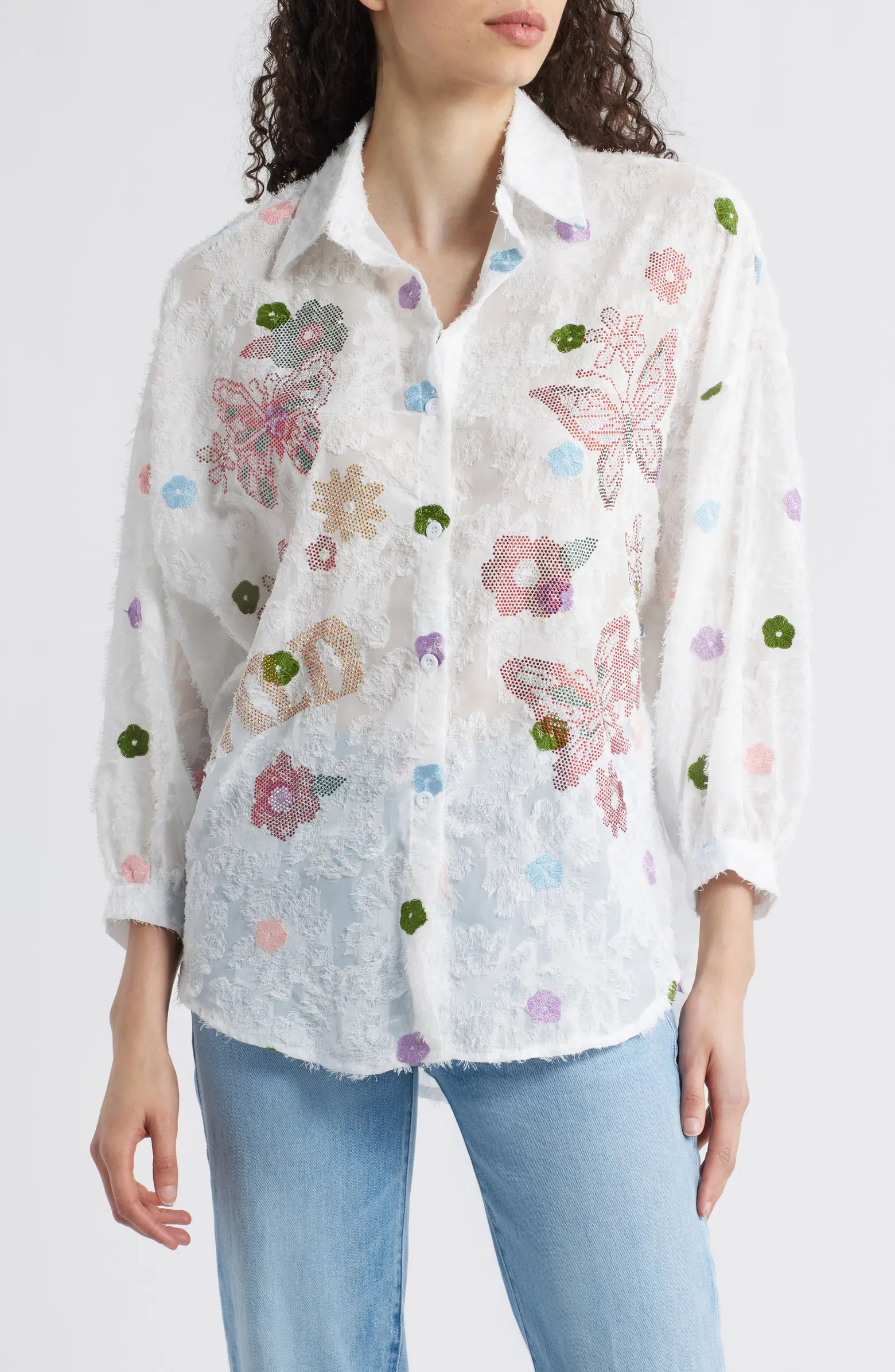 Emma Embellished Semisheer Button-Up Shirt | Nordstrom