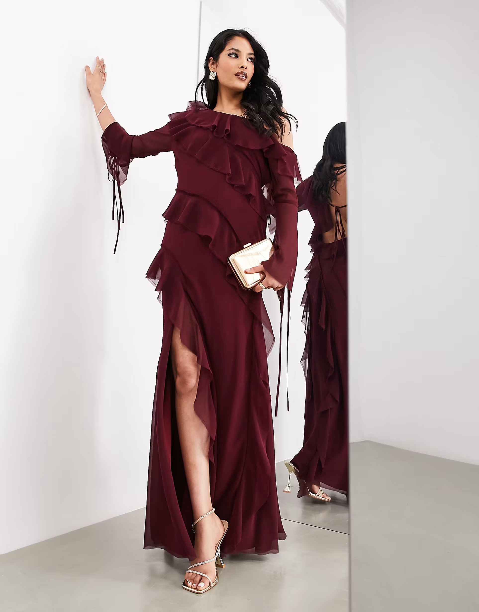 ASOS EDITION off-shoulder asymmetric ruffle detail maxi dress in burgundy | ASOS (Global)