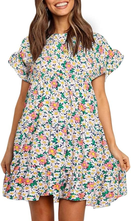 Imysty Womens Boho Floral Printed Babydoll Ruffles Casual Loose Short Mini T-Shirt Dress | Amazon (US)