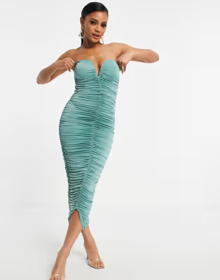 Rare London bandeau ruched midi dress in sage | ASOS (Global)