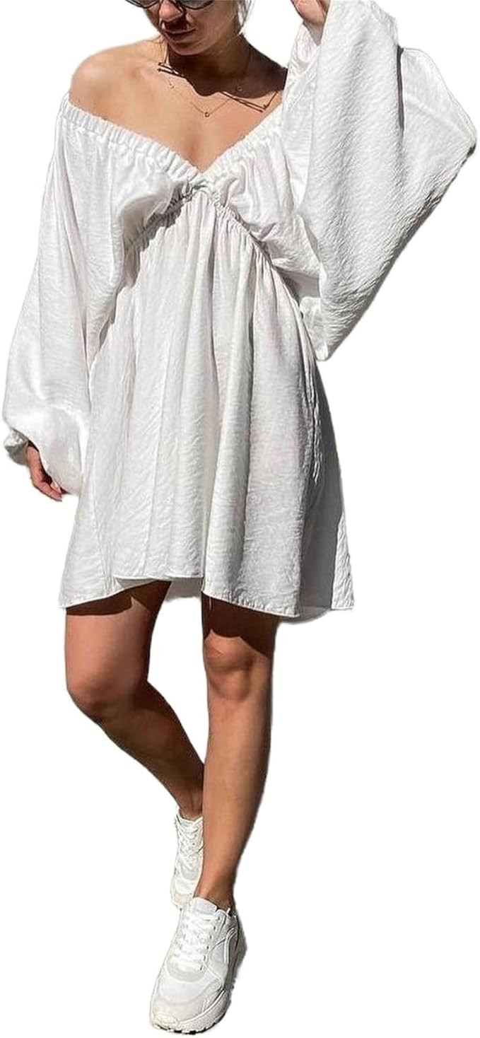 2024 Women's Summer Sexy Deep V Neck Mini Dresses High Waist Swing Beach Sundress Backless Puff L... | Amazon (US)