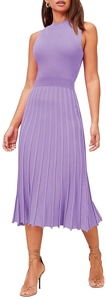 Pink Queen Women's Crew Neck Sleeveless High Waisted Bodycon Pleated Ribbed Swing Knit Midi Dress... | Amazon (US)
