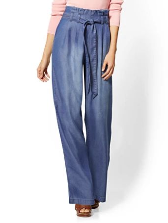 Paperbag-Waist Palazzo Pant - Indigo Blue Wash | New York & Company