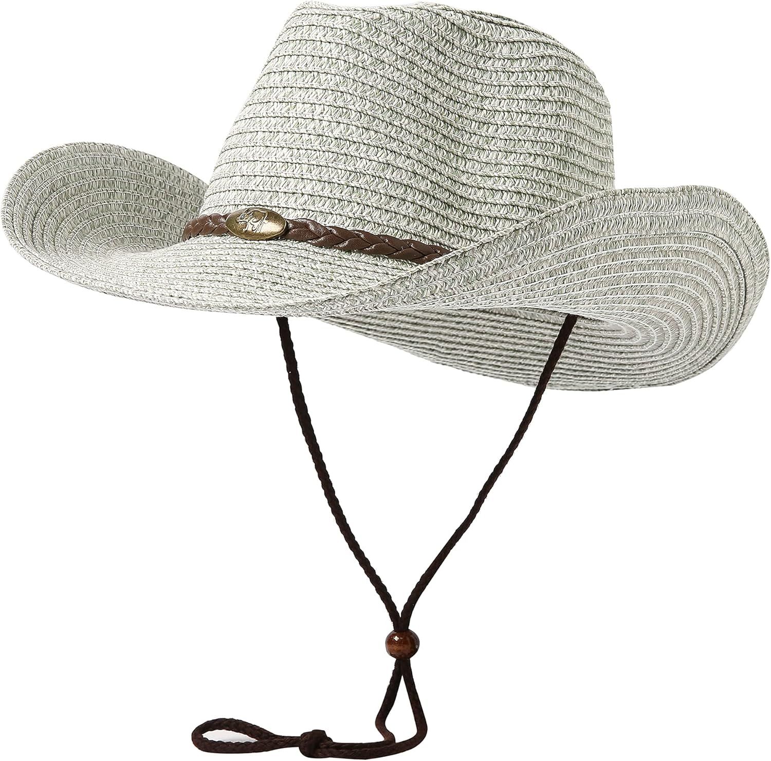 Lanzom Womens Straw Beach Sun Hat Packable Summer Cowboy Straw Hats with Wind Lanyard | Amazon (US)