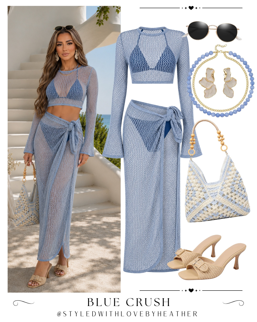 If you're into elevated resortwear, this blue crochet cover-up set deserves a spot in your wardrobe. The airy knit texture layered over a matching bikini creates that luxe coastal look that's equal parts effortless and eye-catching. Shop this blue crochet beach outfit on my LTK. 

 #LTKootd #LTKPetite #LTKSwim