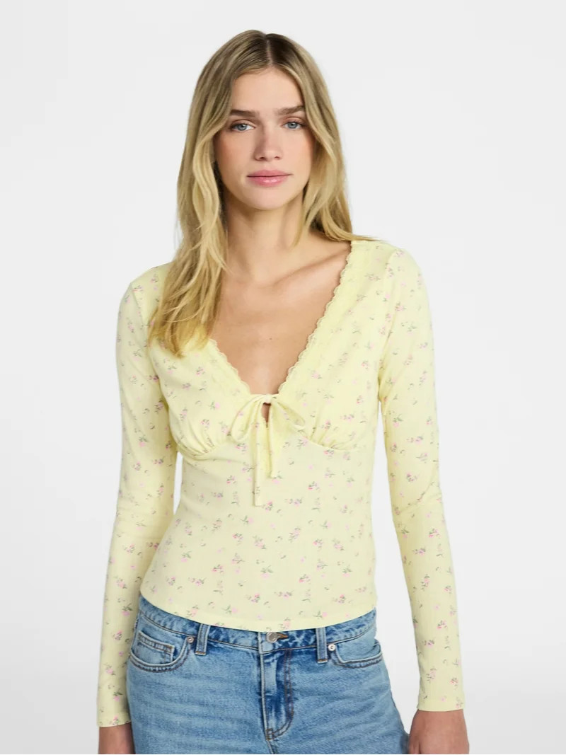 No Boundaries Tie Front Lace Trim Top with Long Sleeves, Women’s XXS-XXL | Walmart (US)