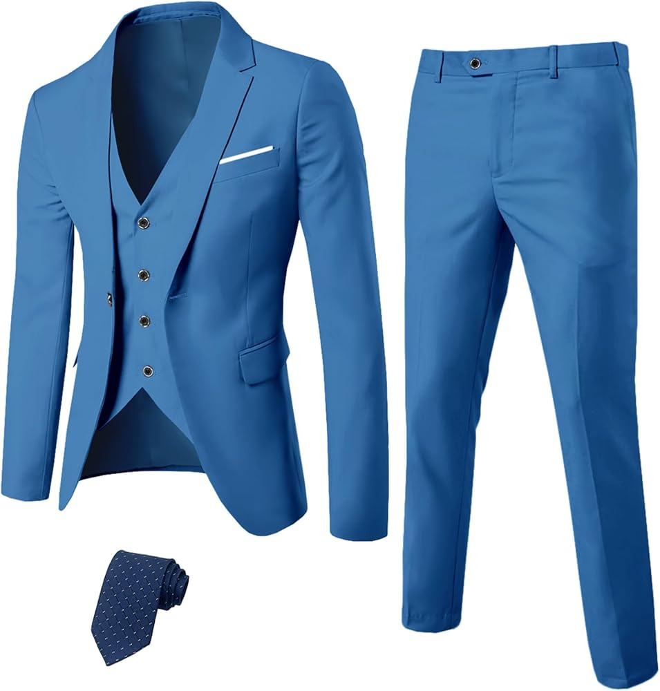 YND Men's Slim Fit 3 Piece Suit Set, One Button Solid Blazer Vest Pants with Tie | Amazon (US)