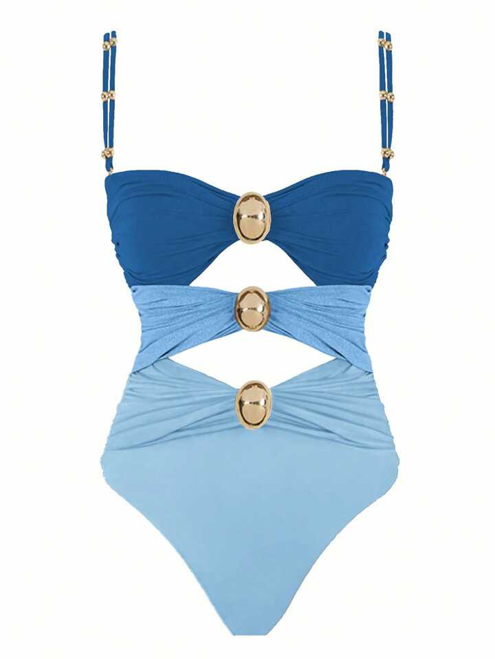 Colorblock Hollow Out Vacation Style Women's One-Piece Swimsuit With Straps | SHEIN