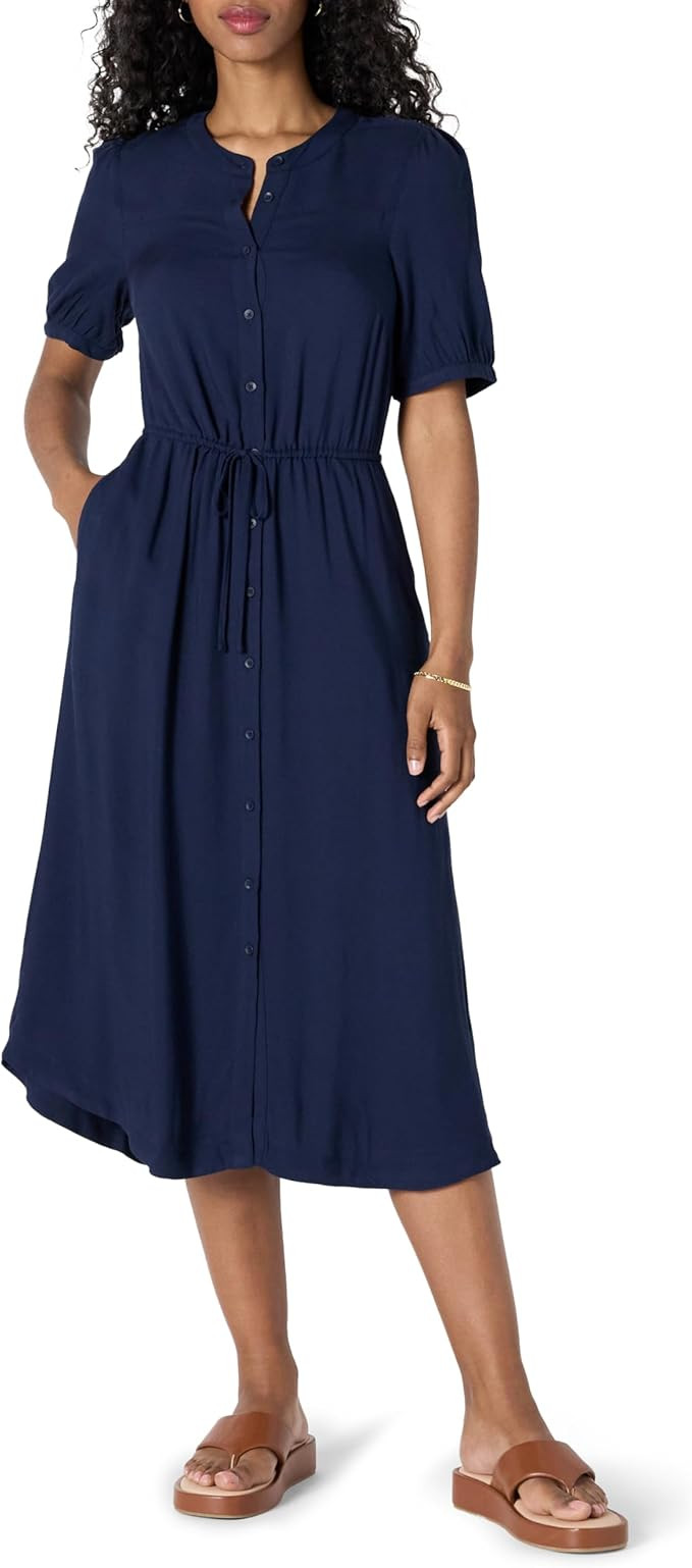 Amazon Essentials Women's Relaxed Fit Half-Sleeve Waisted Midi A-Line Dress | Amazon (US)