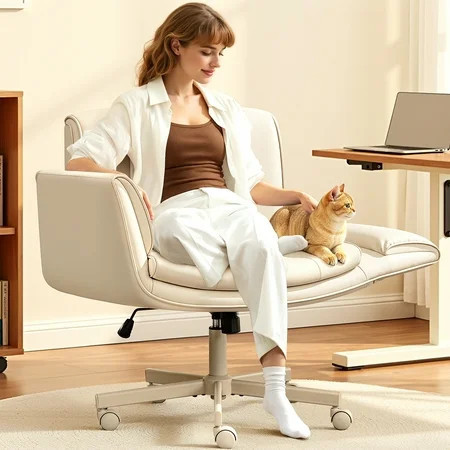 COOLHUT Criss Cross Office Chair, PU Leather Vanity Chair with Armrests and Wheels, Comfy Adjustable Swivel Ergonomic Criss Cross Chair for Home Office Bedroom Makeup, Beige | Walmart (US)