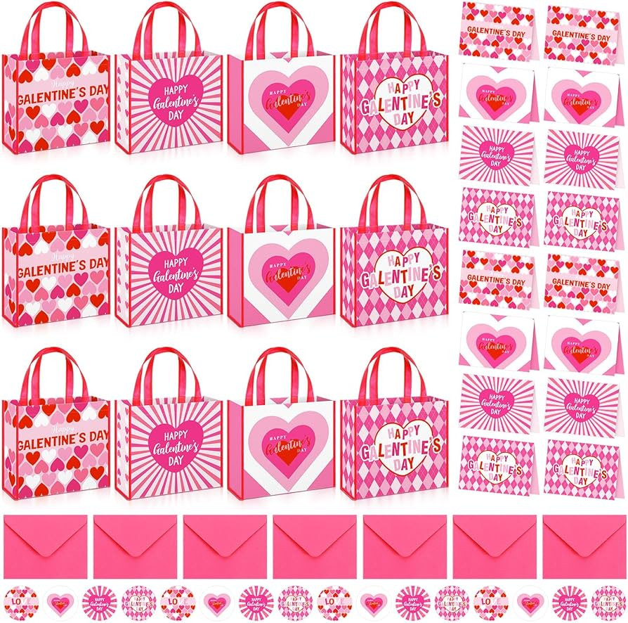 TecUnite 12 Set/ 48 Pcs Galentine's Day Gift Bag with Greeting Cards Include 12 Non-woven Galenti... | Amazon (US)