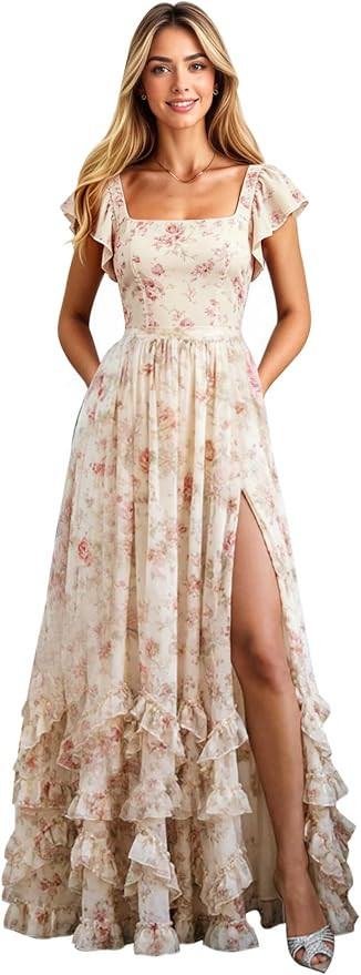 Women's Short Sleeve Ruffles Bridesmaid Dresses Square Neck Chiffon Long Formal Evening Dress wit... | Amazon (US)