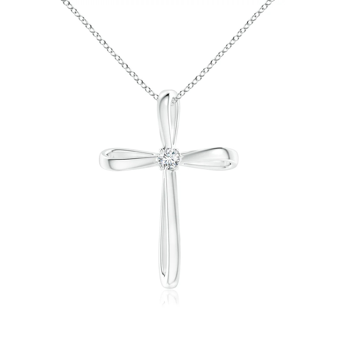 Prong-Set Round Diamond Ribbon Twist Cross Pendant | Angara Inc.