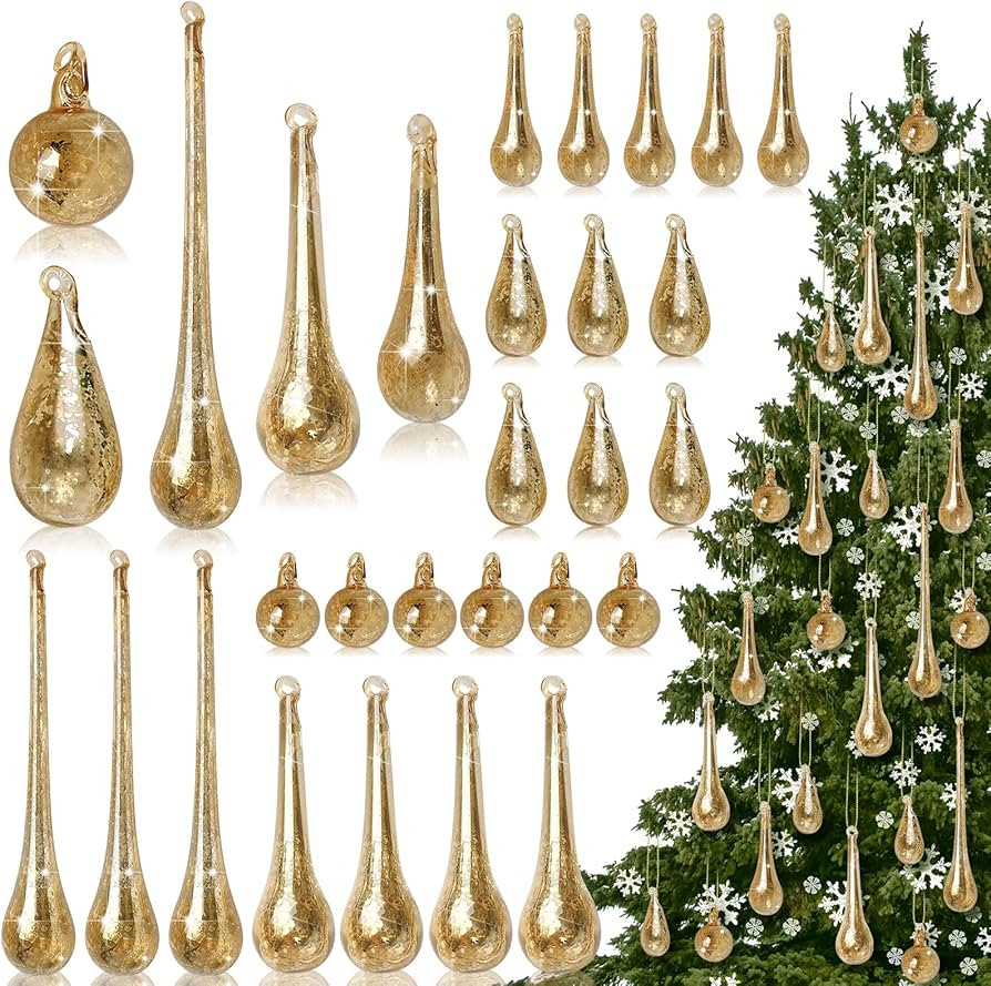 24 Pcs Mercury Glass Teardrop Ornaments for Christmas Tree Raindrop Christmas Ornaments Clear Han... | Amazon (US)