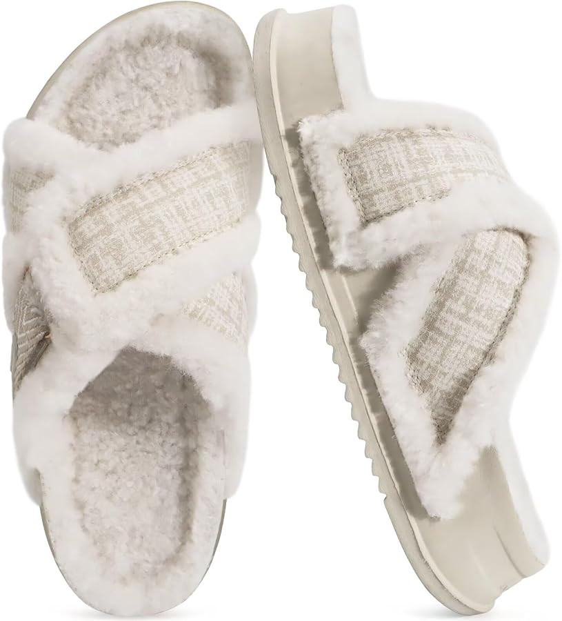 KuaiLu Womens Fuzzy Cross Band Arch Support Memory Foam Indoor Slippers | Amazon (US)