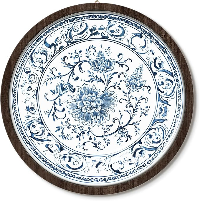 ELMCH Chinoiserie Floral Blue and White Wall Art Decor, Oriental Traditional Blue Flower Round Wo... | Amazon (US)